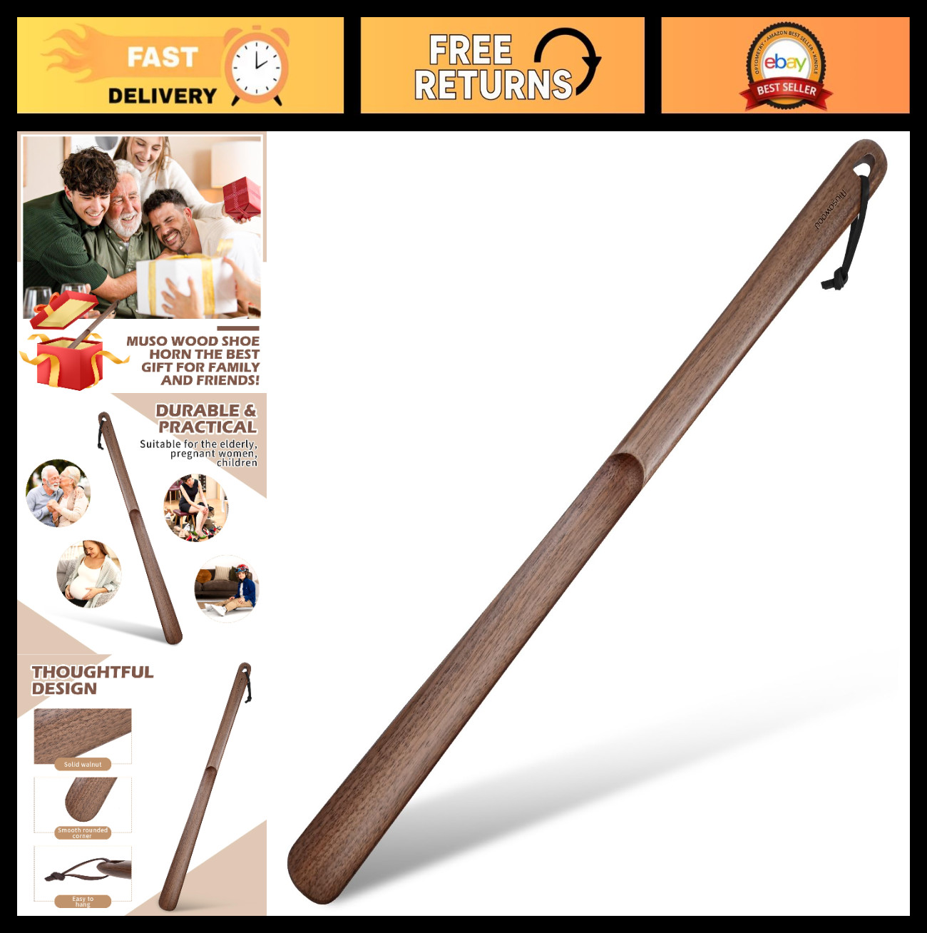 Long Handle Wooden Shoe Horn 23.6″ for Seniors & Pregnant Women – Walnut Finish