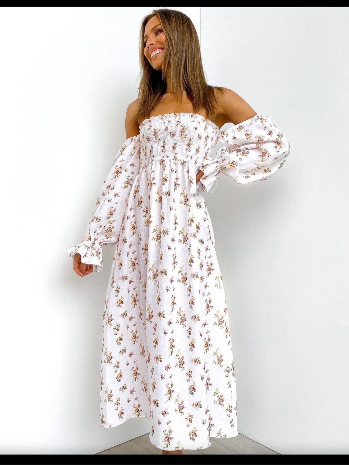 Petal & Pup Pink Floral Linen Midi Dress With Puff Sleeves