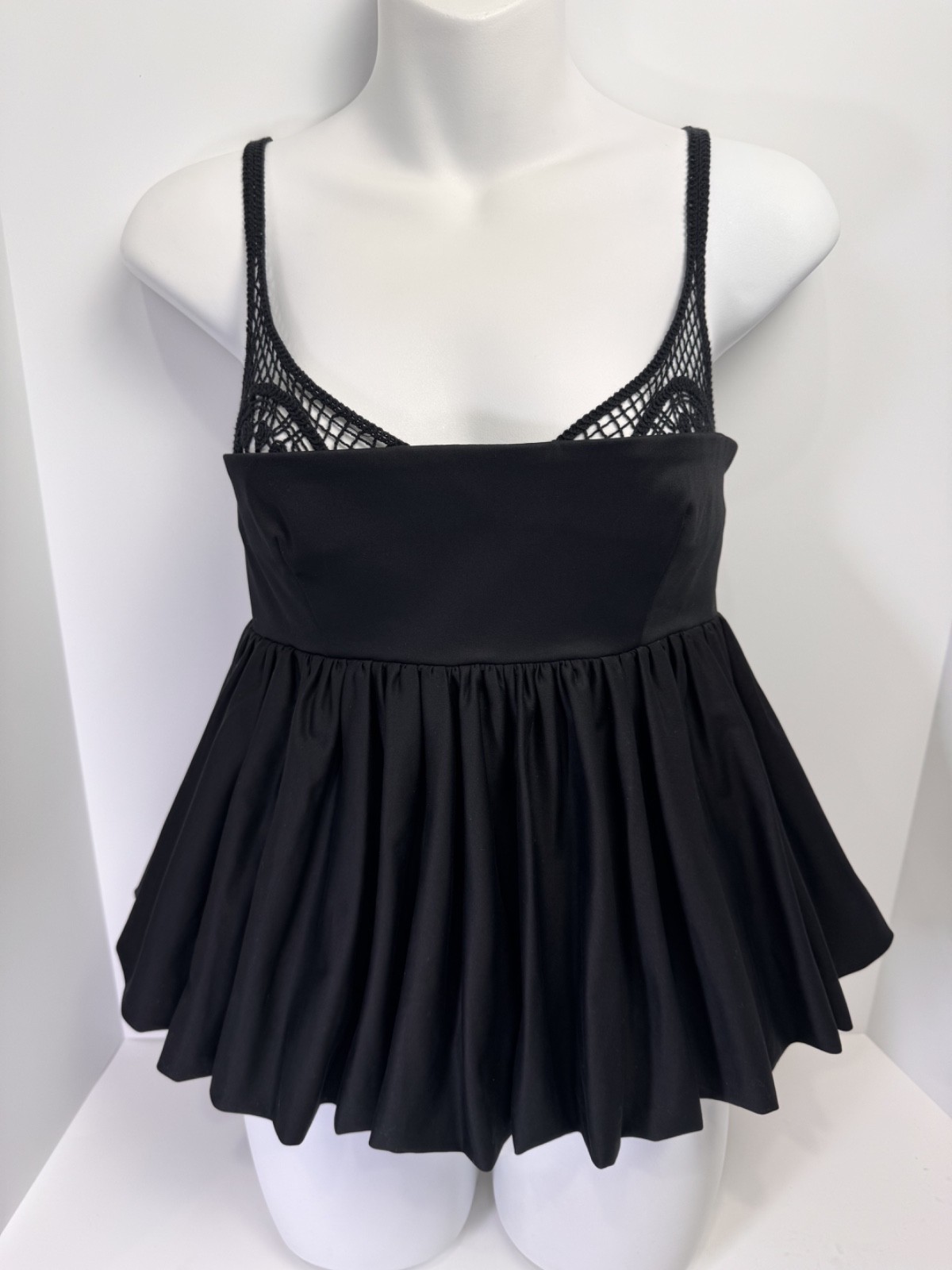CLEA Mimi Peplum Top Black Crochet Mesh Adjustable Strap NWT Medium