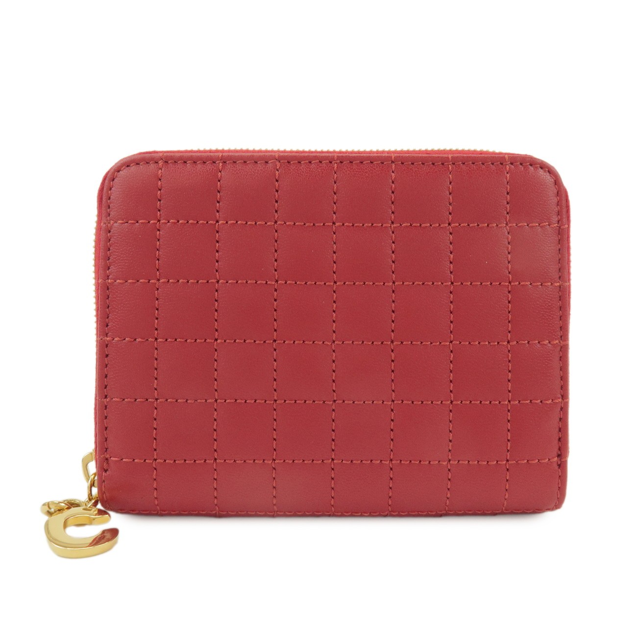 CELINE Leather Compact Zippy Wallet Coin Case C-charm Red Authentic Used F/S