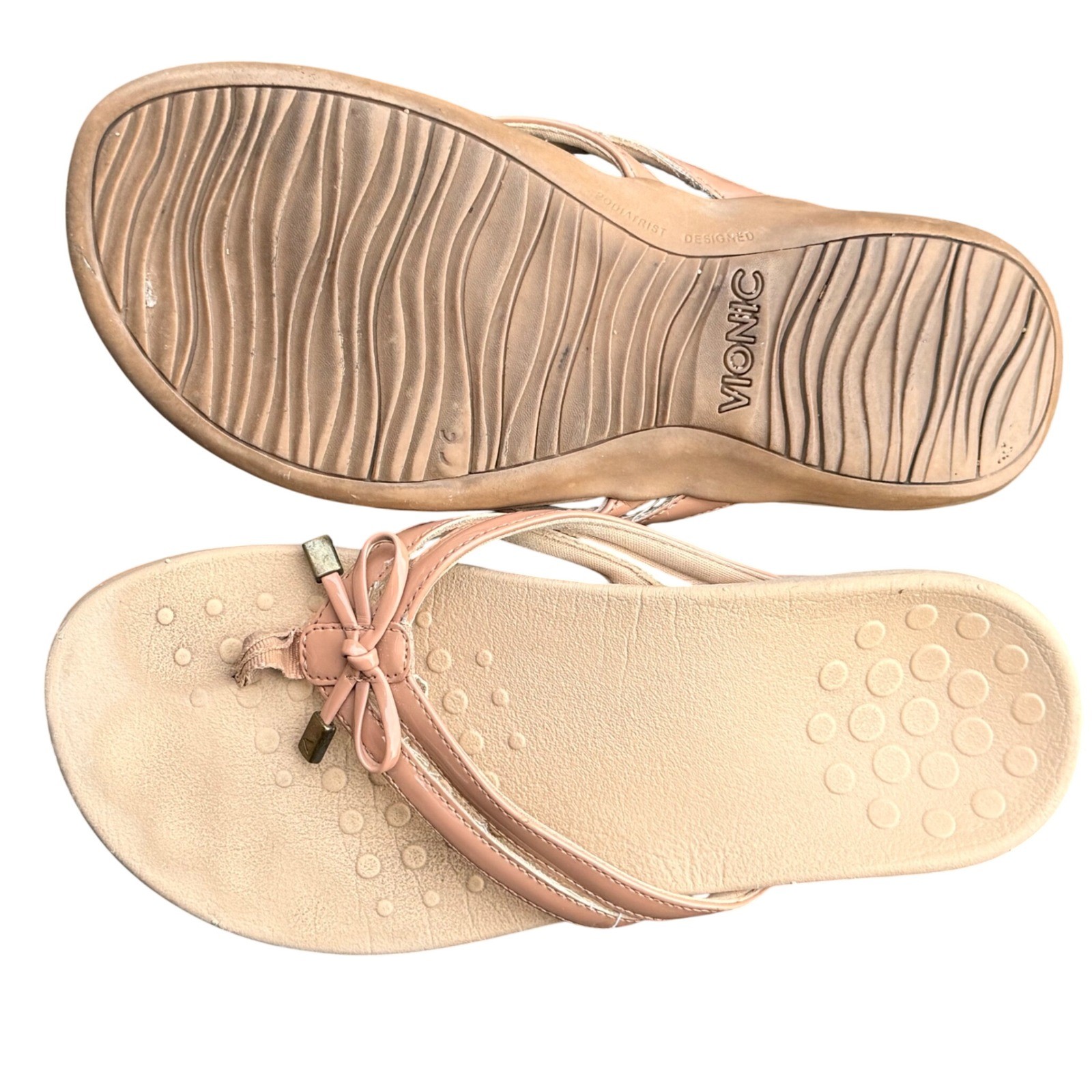 Vionic Bella II Nude Patent Bow Flip Flop Orthotic Sandals Tan Womens Size 8