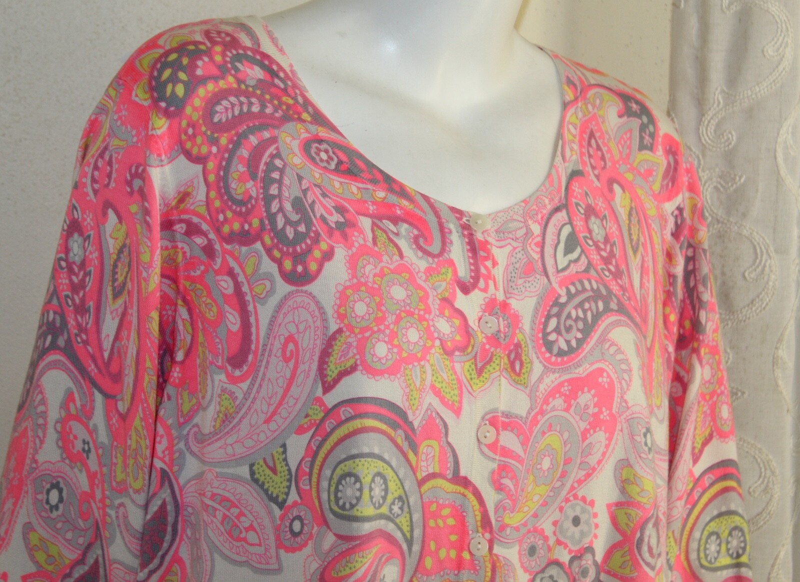 NWT Talbots 2X Pink Yellow Beige Fine Cotton Paisley Art-Wear Cardigan Sweater