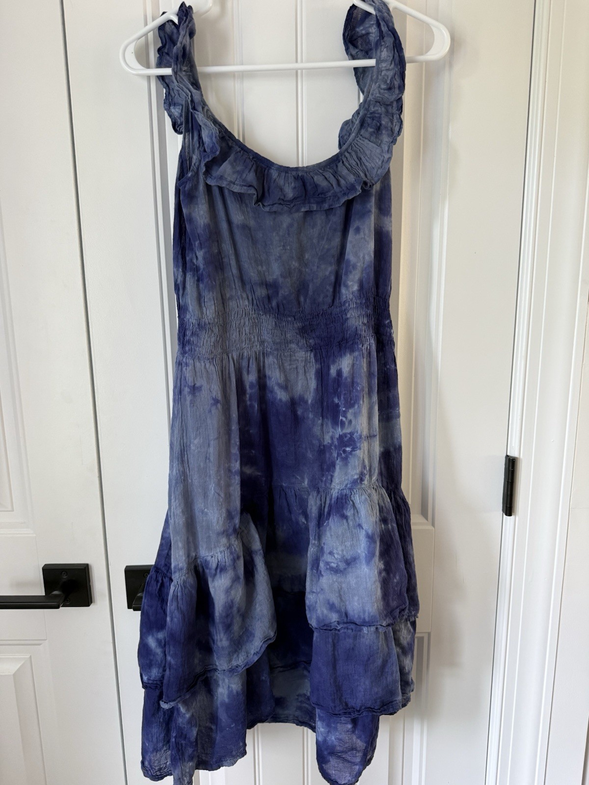 Myra Bay Blue Tie Dyed Gauzy Ruffle Hem Dress Size M Smocked Waist Boho