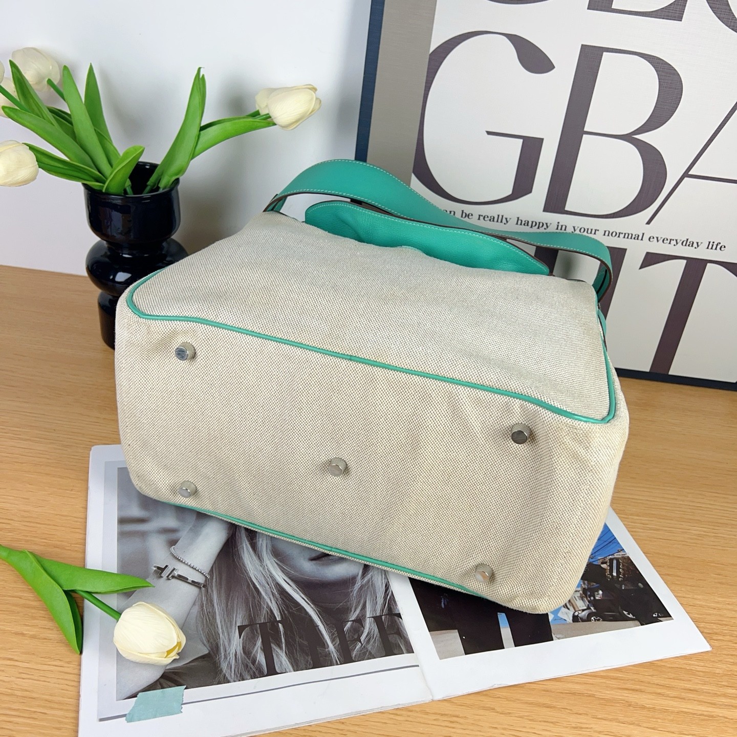 Hermès Lindy 34 | Canvas & Swift Leather, Peacock Green, Square L Stamp