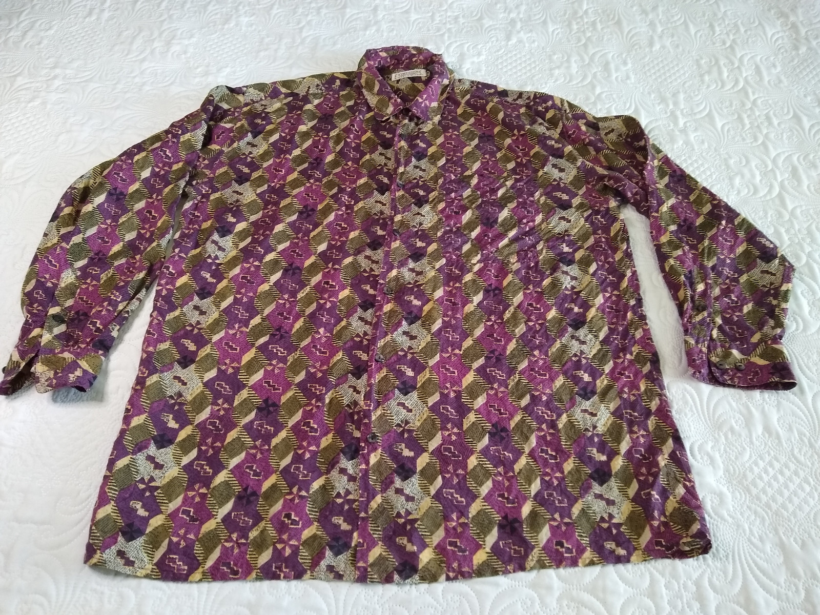 Expressions Worldwide 100% Silk Shirt Mens XL Purple Brown Geometric Vtg 90s EUC