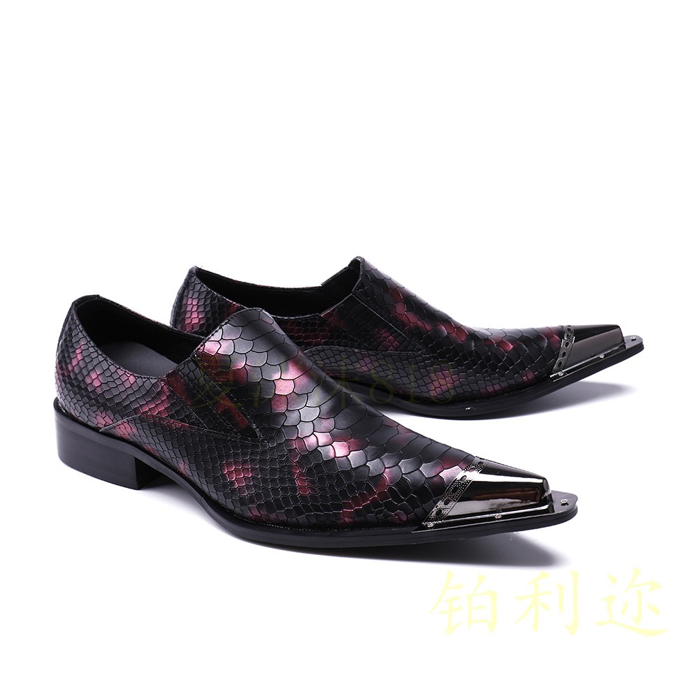 Men’s Steel Pointed Toe Shoes Loafers Snakeskin Pattern Performance Stage Show