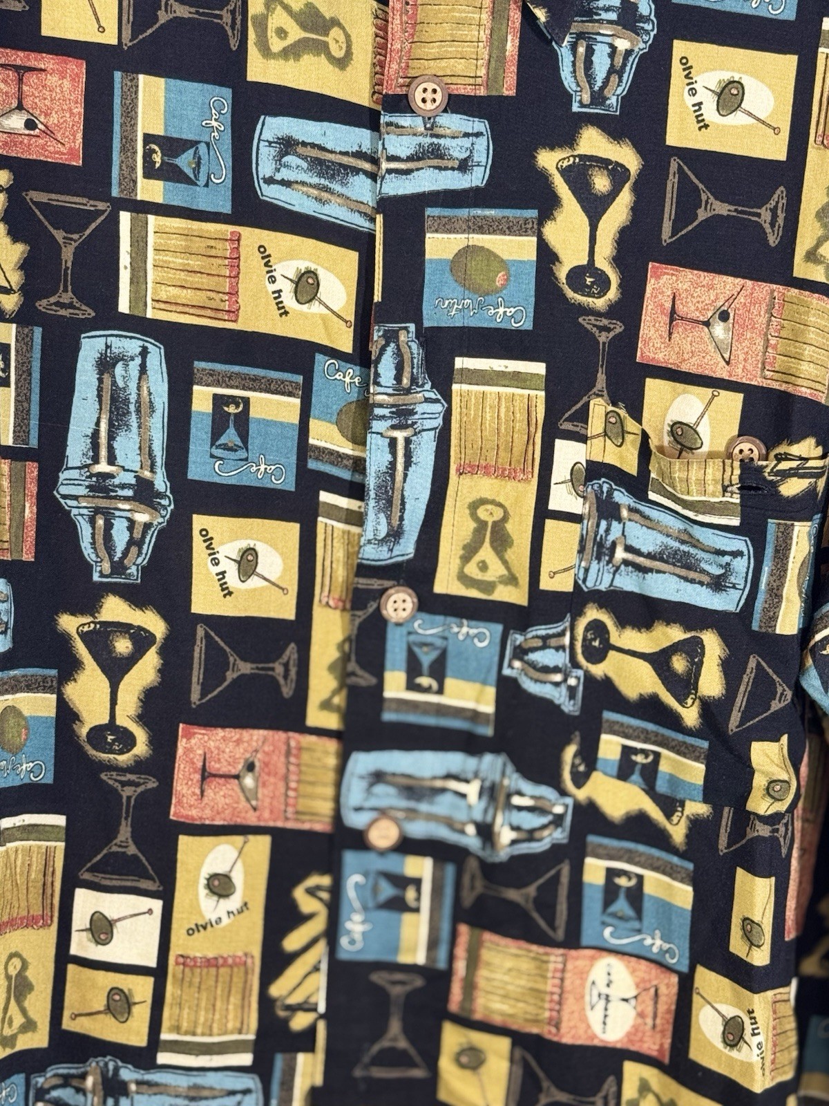 Olive Hut Ron Chouinard Cafe Martini Print Hawaiian Shirt XXL Rayon