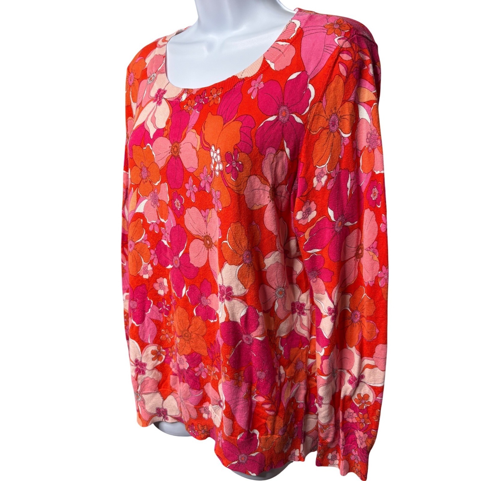TALBOTS Womens Red Pink Floral Long Sleeve Sweater Sz L Hippie Retro Light-Knit
