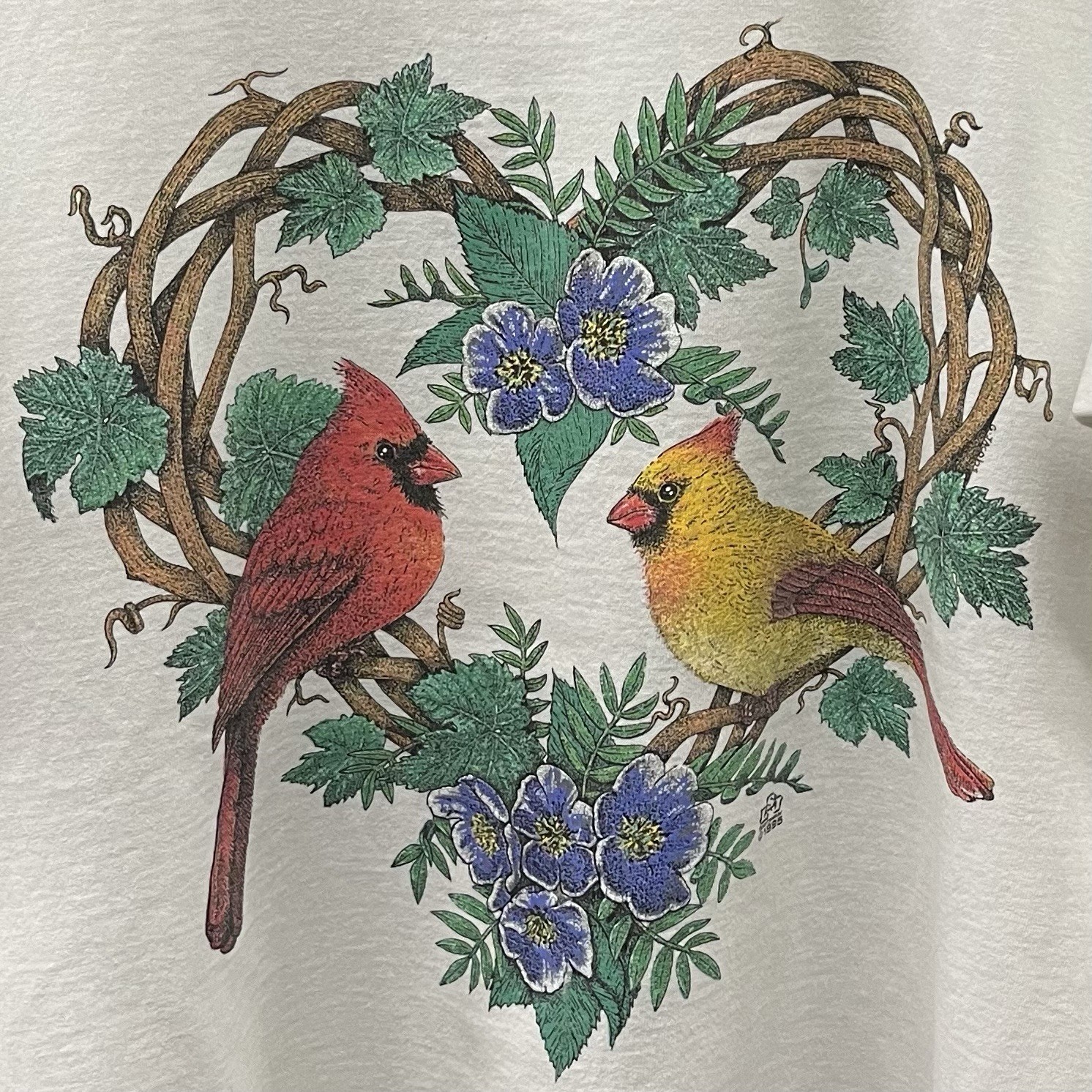 Vintage Cardinal Flower Bird Animal Nature Graphic Tee Shirt White Size XXL 2XL