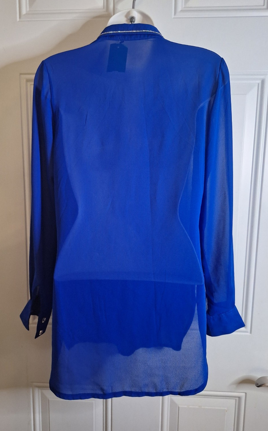 Blue Long-Sleeve Sheer Tunic Top with Rhinestone Trim Dress Up or Down
