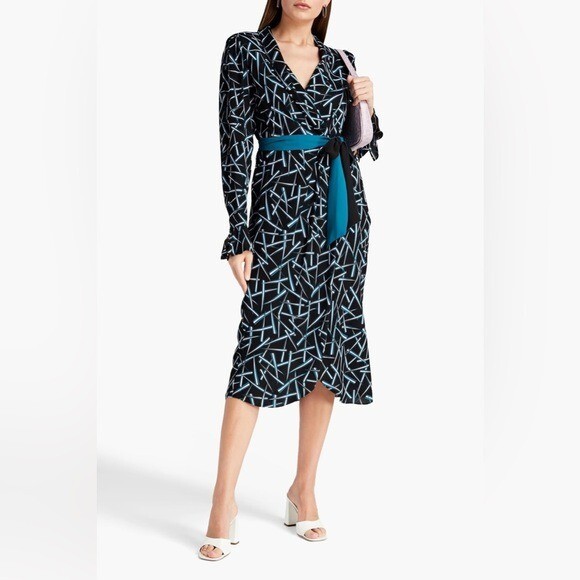 Diane Von Furstenburg Drusilla Black Teal Wrap Midi Dress Womens 8
