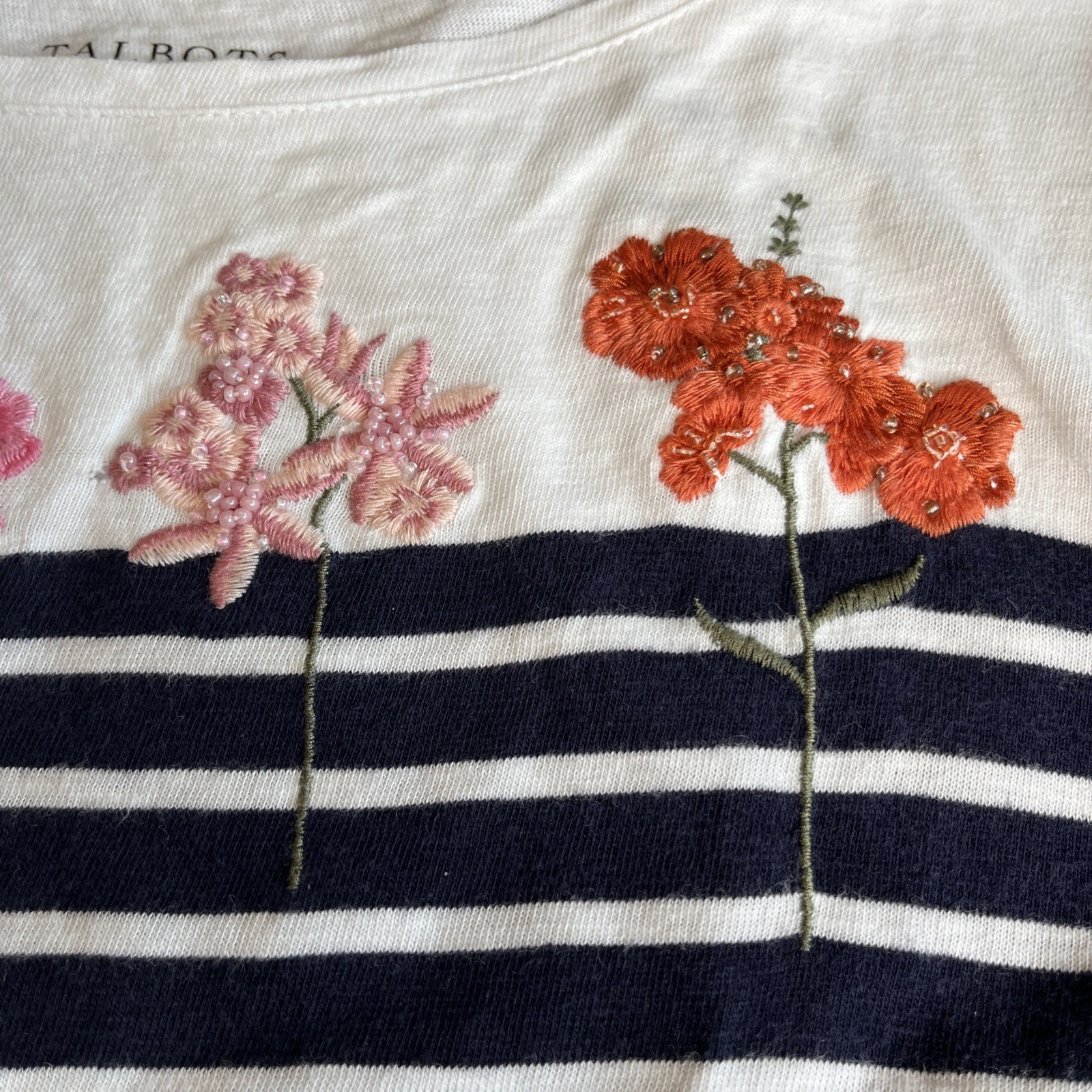 Talbots Large Navy White Stripe Top Embroidered Beaded Flowers Coastal Garden