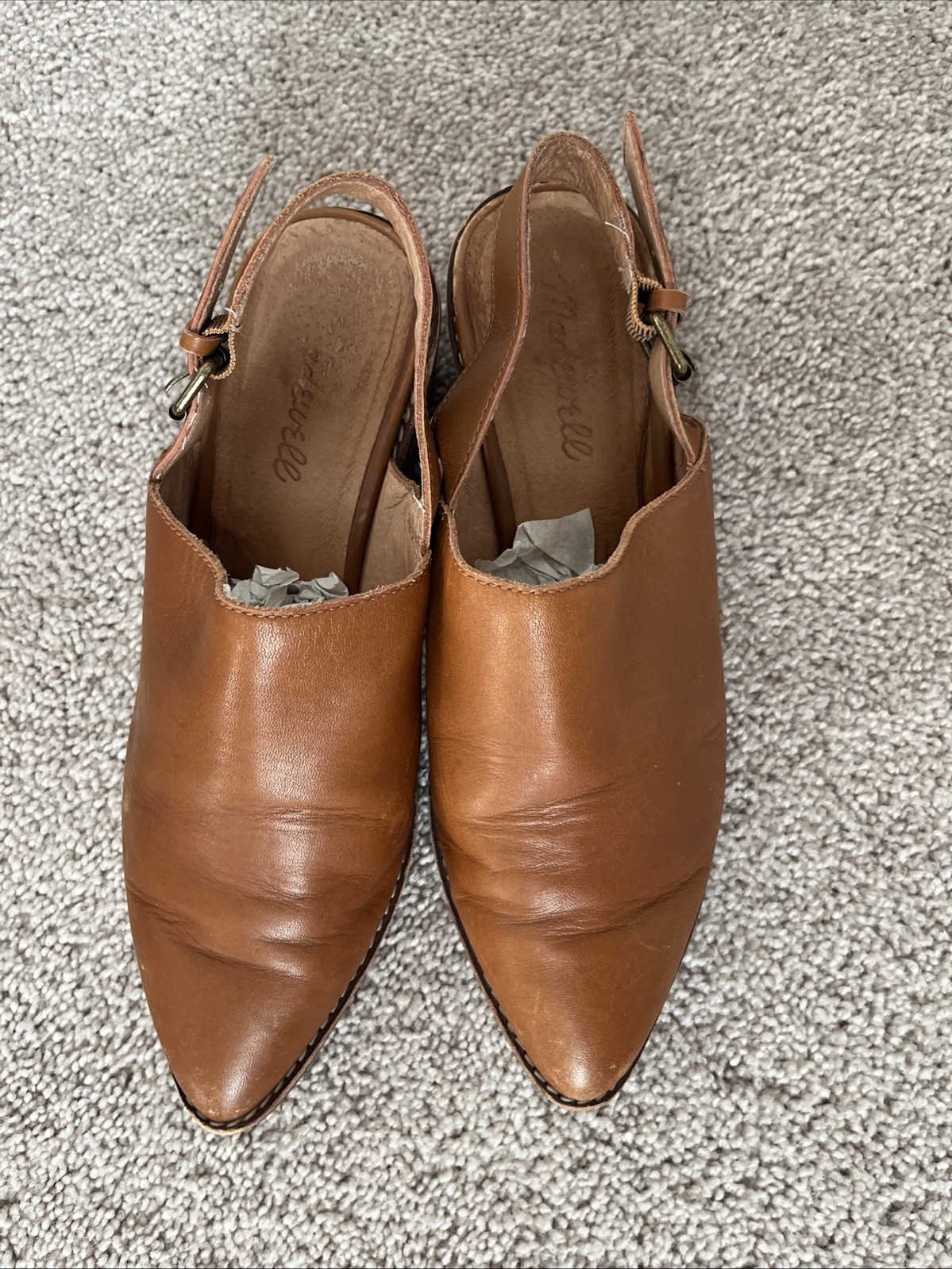 Madewell Size 8.5 Jess Slingback Mule Leather Shoes Brown Pointed Toe Block Heel
