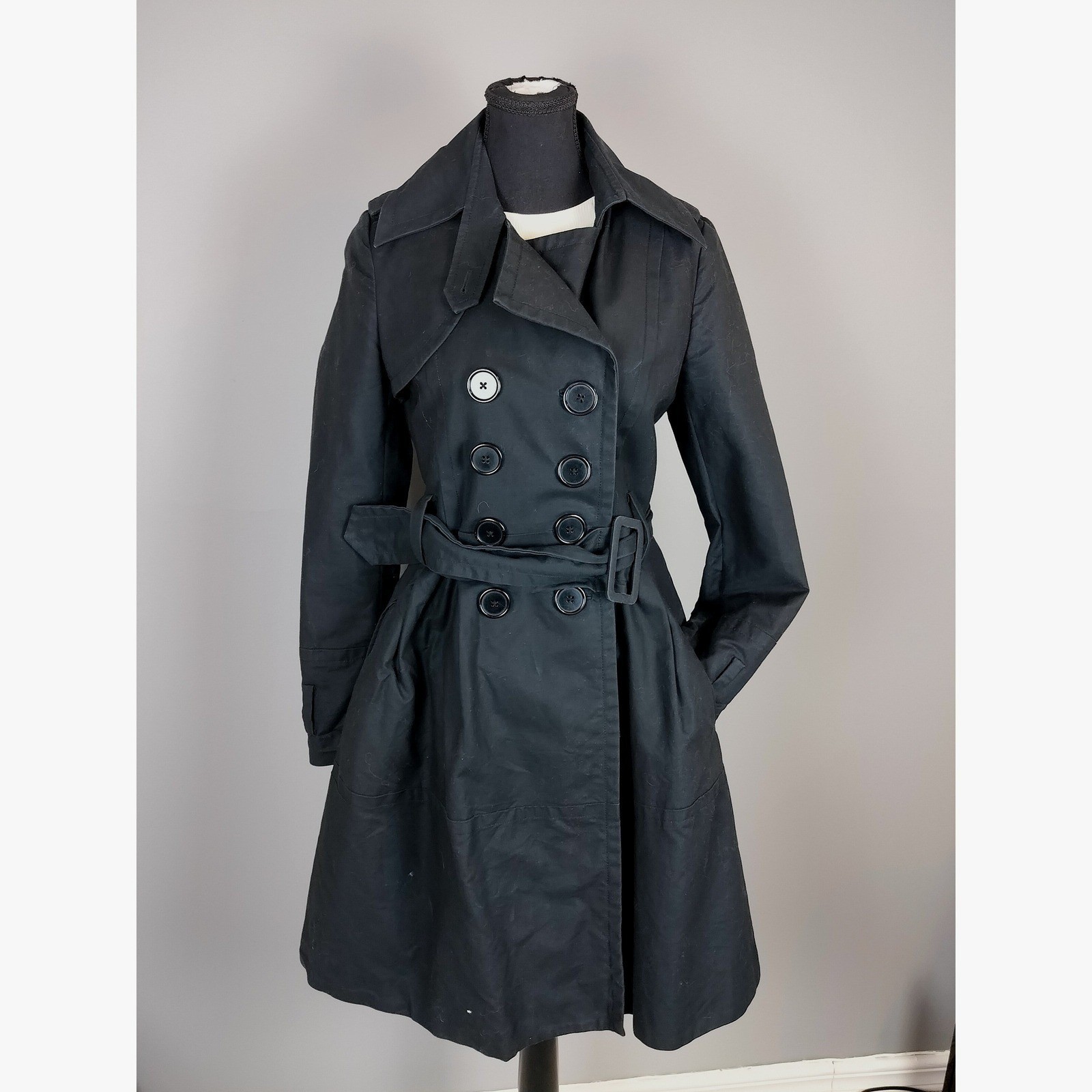 Mexx Double Breasted Cotton Trench Coat Womens 36 Black Belted Convertible
