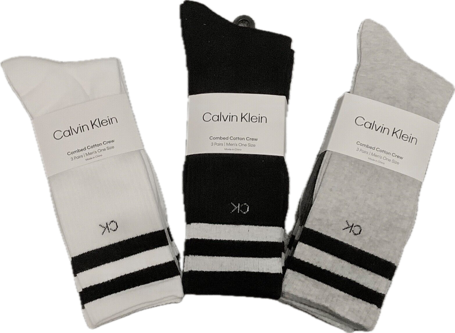 Calvin Klein Double Stripe 3-Pack Crew Socks – 3 Colors ( White, Black, Grey )