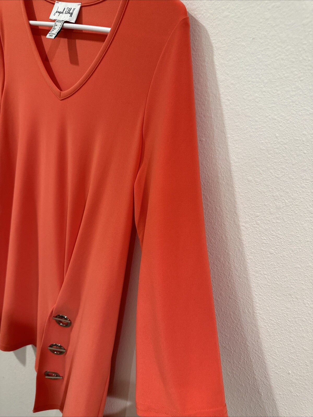 EUC Joseph Ribkoff Blouse Womens 10 Stretch V Neck Asymmetric Three Ring Detail