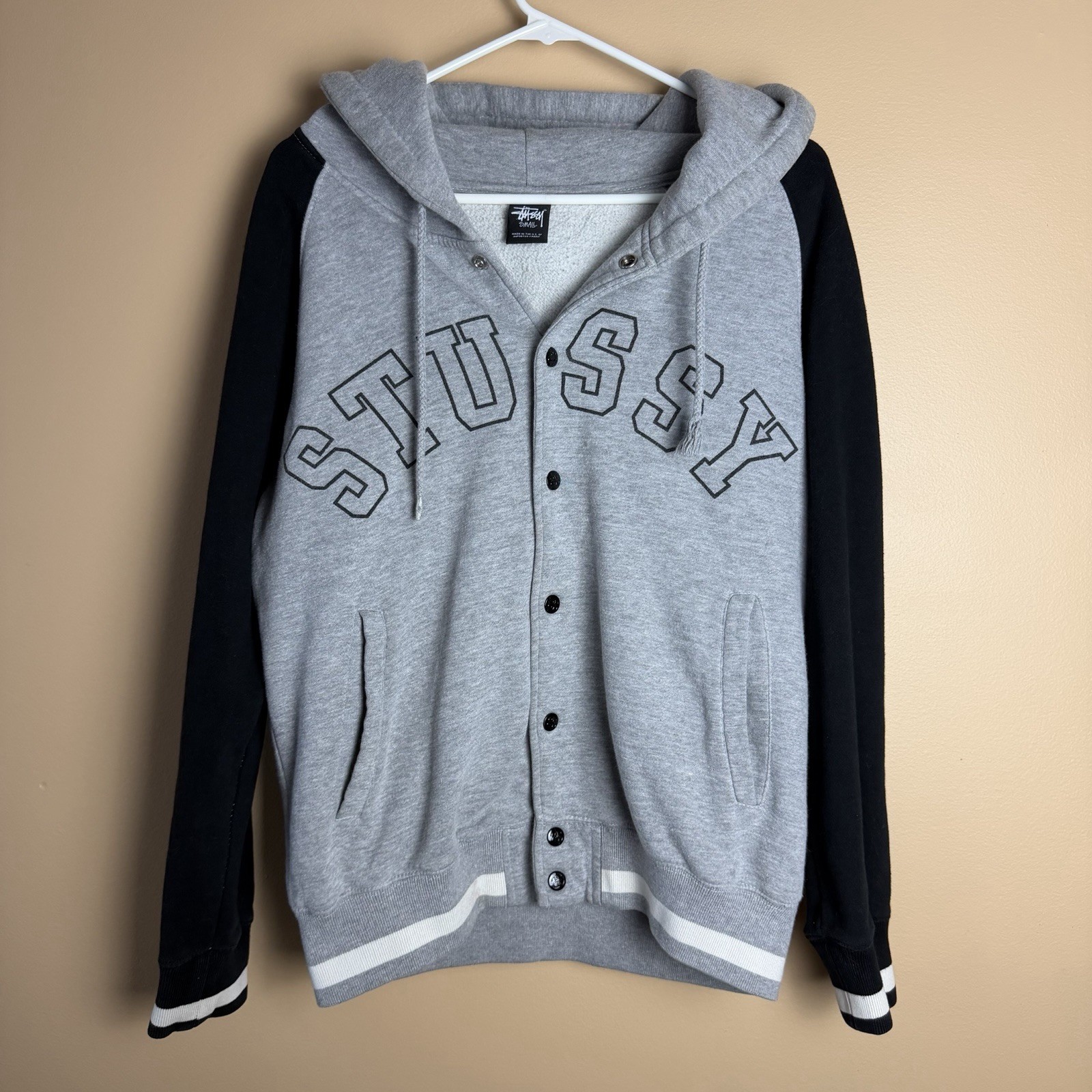 Stussy Men’s Varsity Button Up Hoodie Print Sweatshirt S