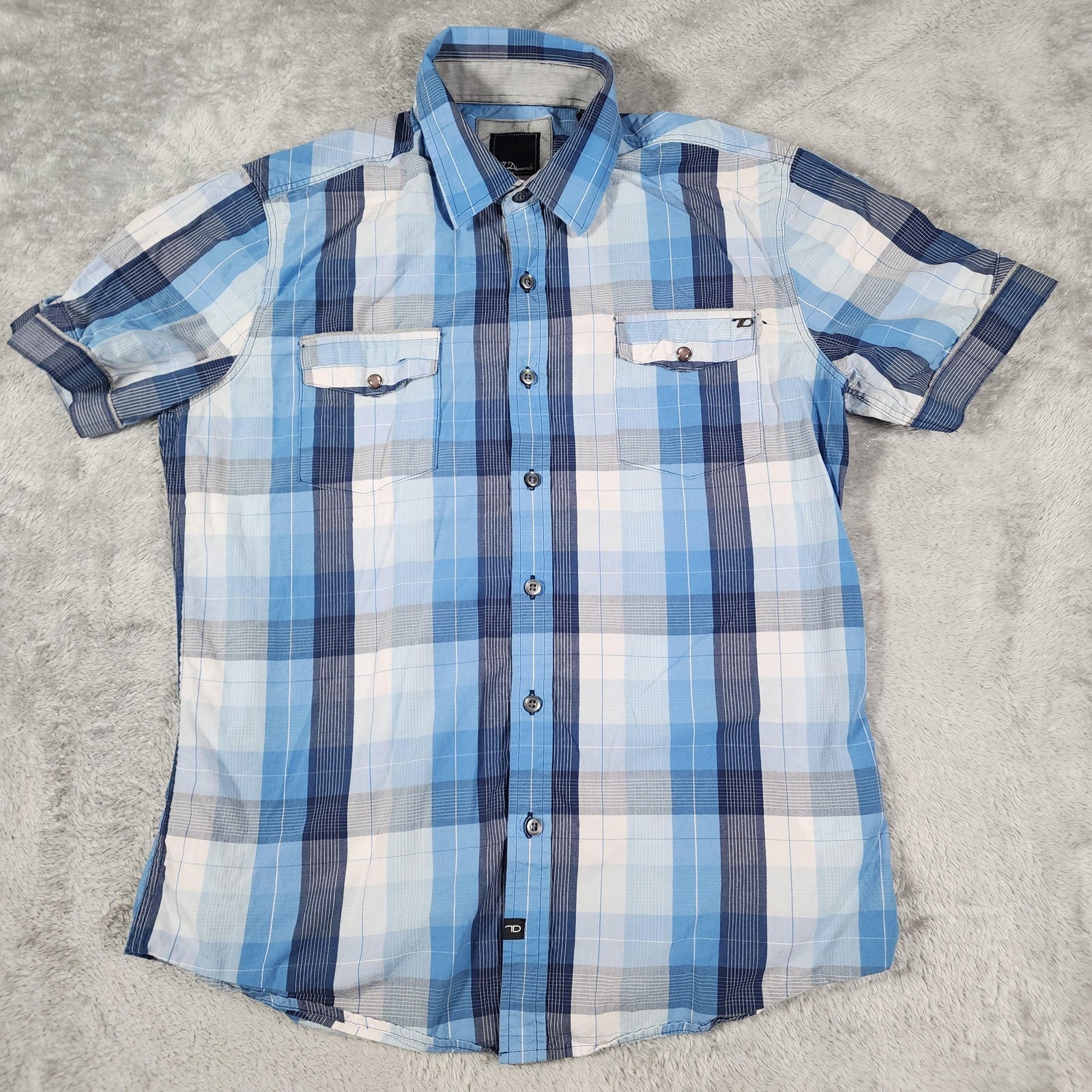 7 Diamonds Shirt Mens Large Blue Plaid Short Sleeve Button Up Snap Pockets Trim