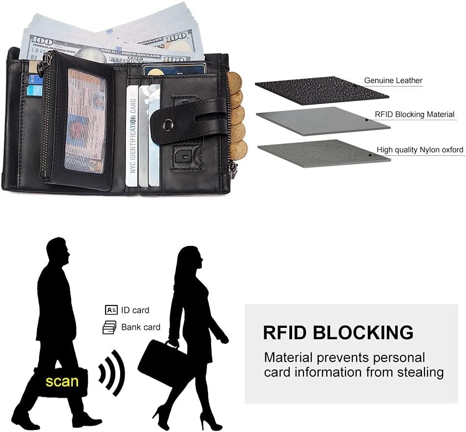 Bill Heart Mens Wallet with Chain Genuine Leather Purse RFID Blocking Bifold Dou