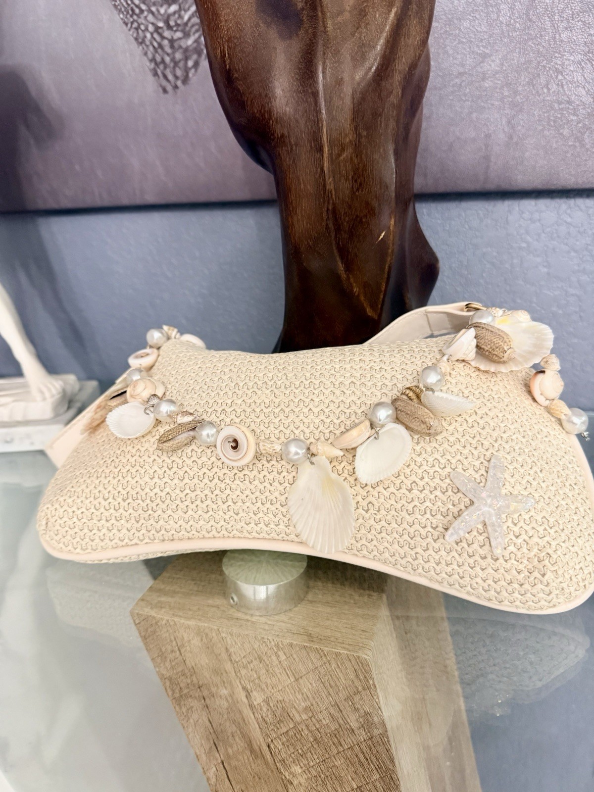 Woven Straw Inspired Crescent Shoulder Bag with Shell Pearl Starfish Accents