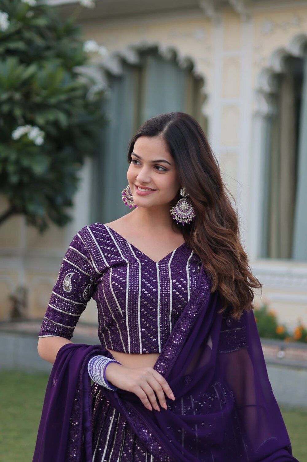 Purple Designer Dyeable Pure Viscose Jacquard fabric Lehenga Choli & Dupatta Set