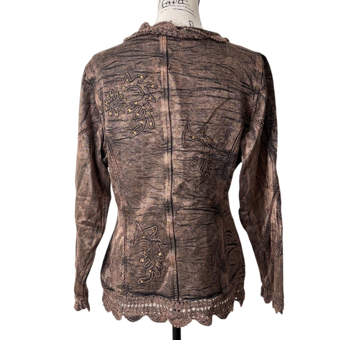 Flashback Womens Size S Cardigan Embroidered Crochet Trimmed Brown Artsy