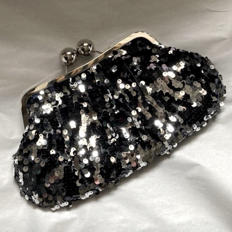 Black/Silver Sequin Clutch Purse, Kiss Lock, Detachable Silver Chain Strap