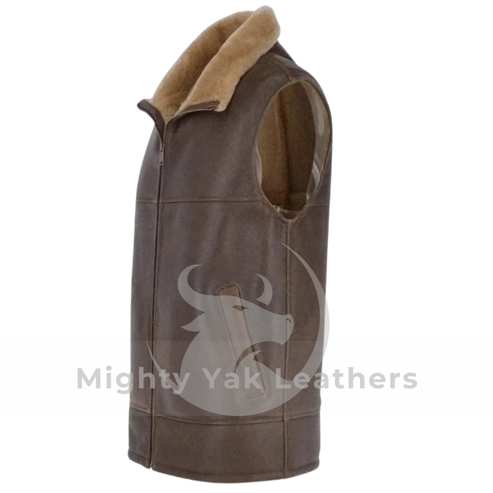 Men’s Bomber Aviator B3 Brown Fur Shearling Sheepskin Leather Vest Genuine