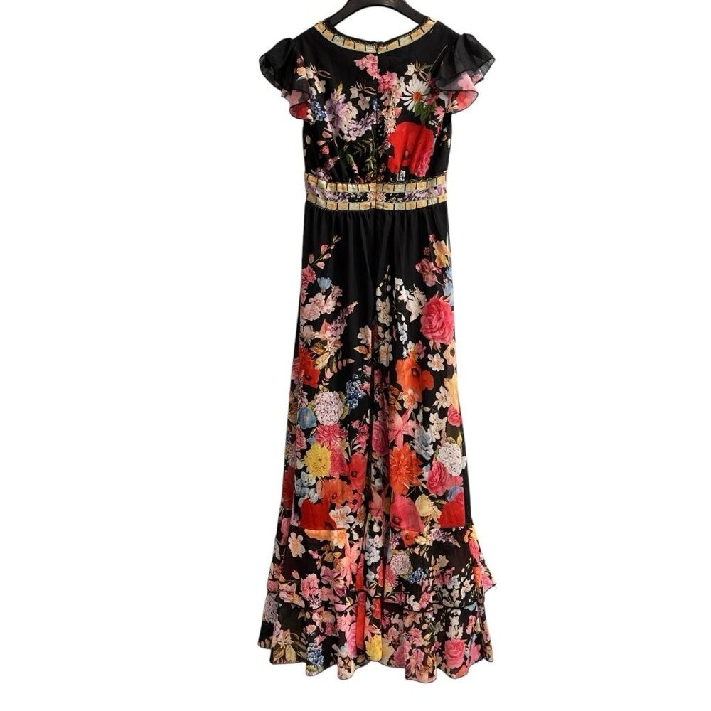 Dalia MacPhee Dress Black Chiffon Bright Floral Tiered Maxi Size S Flowy Event