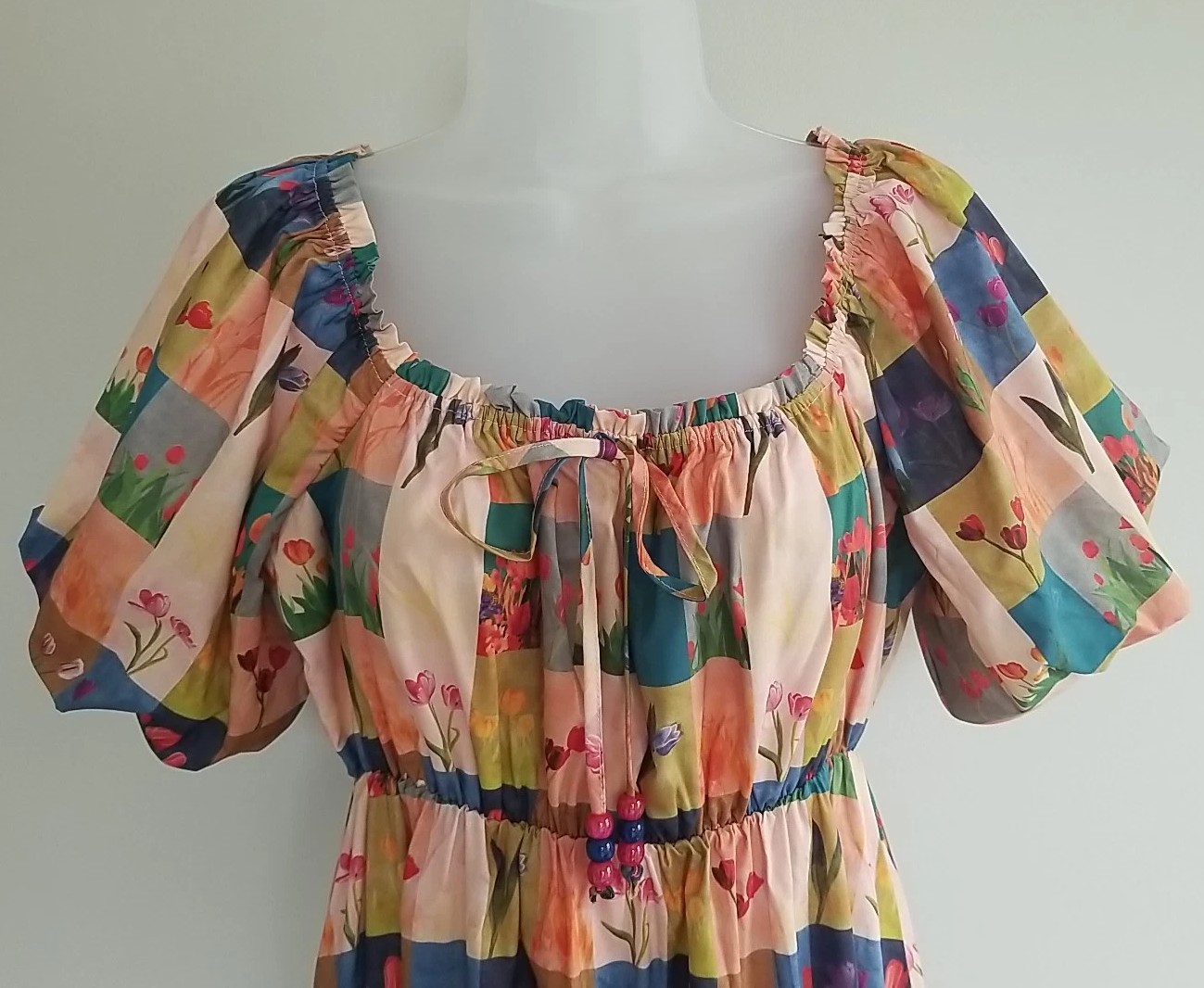 Davi & Dani Checkered Tulip Print Midi Dress NWT Spring Floral Beaded Tie Neck