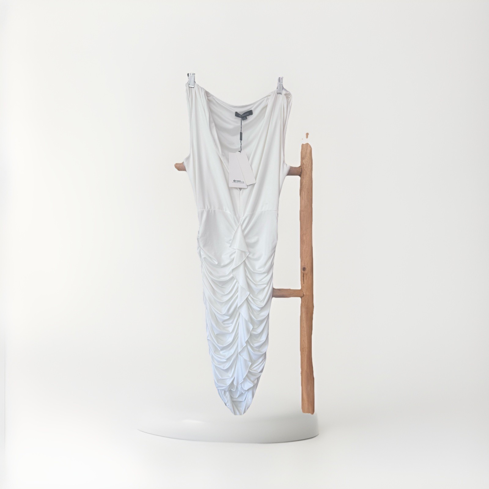 White Ruched Ruffle Bodycon Dress Women’s Small Soft Stretch Sleeveless Midi