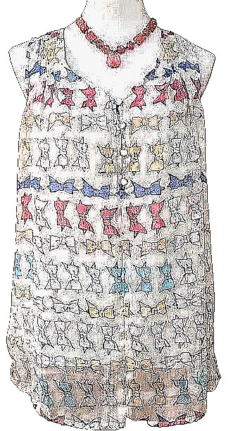 Blue Bird Brand Women’s Size L Sheer Lined Blouse White Colorful Bow Print