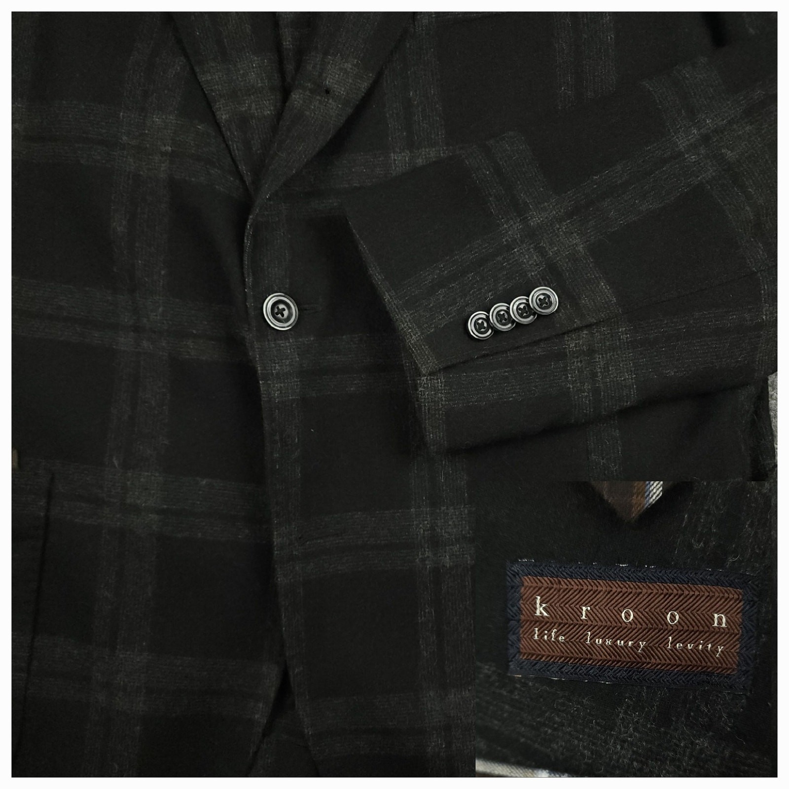 Kroon Sport Coat Mens 46R Flannel Wool Blend 3 Roll 2 Elbow Patch Pocket Plaid