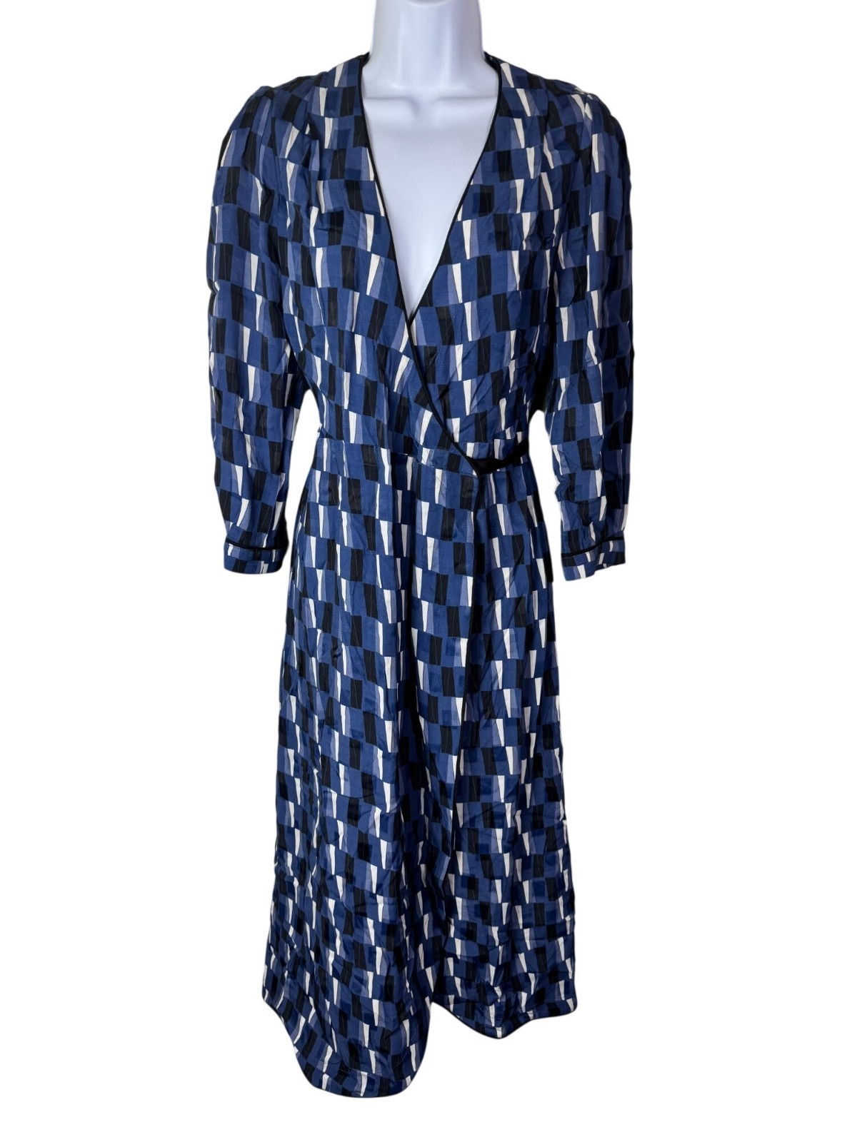Cefinn Blue Black White Geometric True Wrap Midi Dress US Size 4 3/4 Sleeves