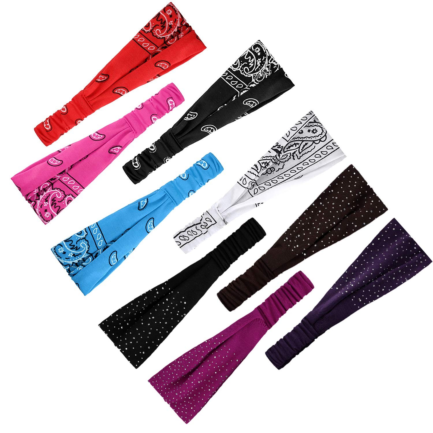 WILLBOND 10 Pcs Wide Bandana Headbands for 10 Count (Pack of 1), Multicolor