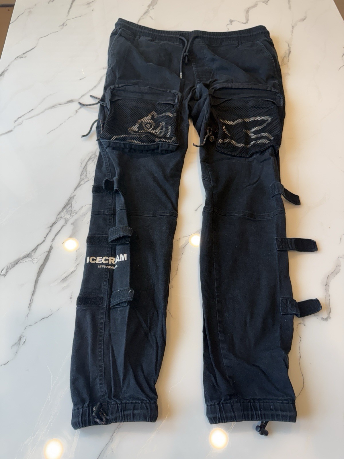 Icecream Men’s Black Solid Cargo Pants Logo Accent Drawstring Pockets Size L
