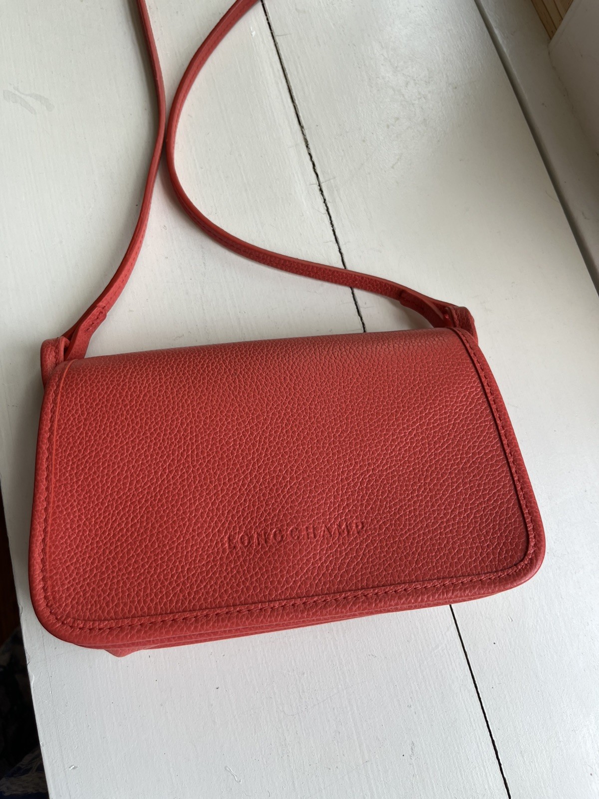 NWT Longchamp Le Foulonné Leather Wallet on Crossbody Strap Orange $330