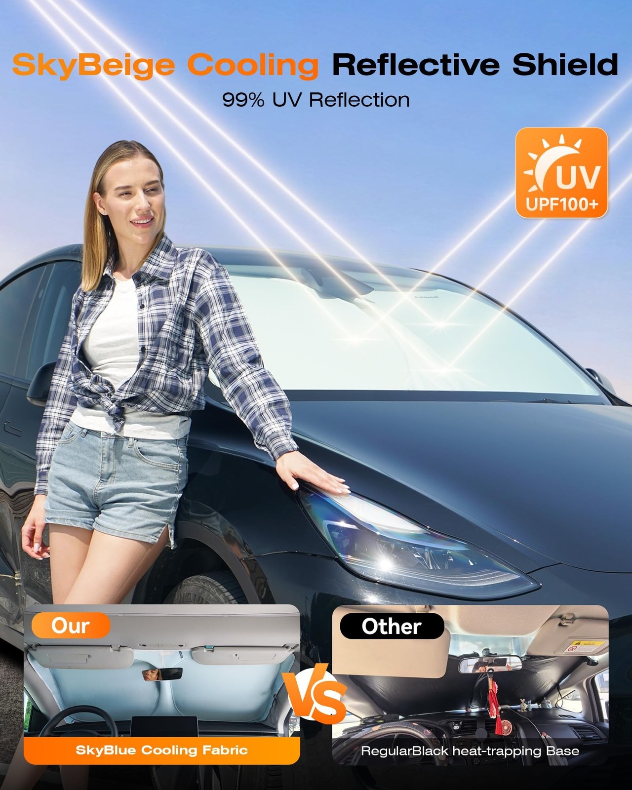 Cooling Car Windshield Sun Shade for Model 3/Y 2014-2026, Green and Beige | 9…