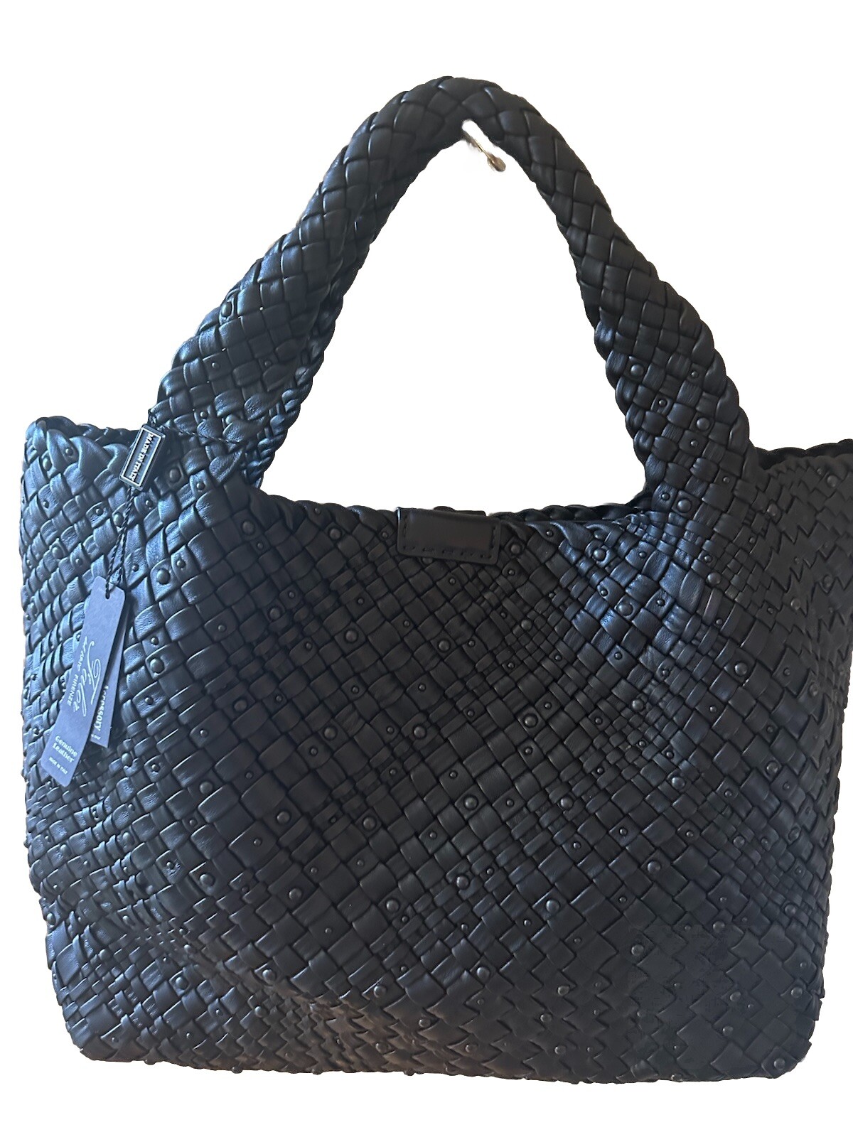 Rare FALOR Firenze Black Studded Woven Leather Large Tote Bag NWT RARE Must C