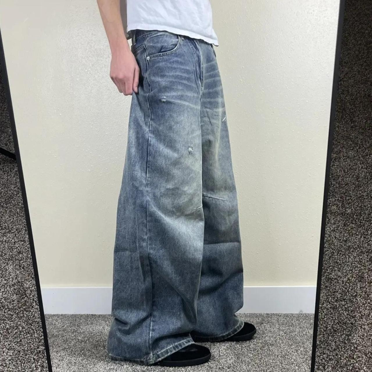 Y2K Baggy Distressed Wide Leg Jeans Faded Blue Grey Grunge Skater 32 x 30