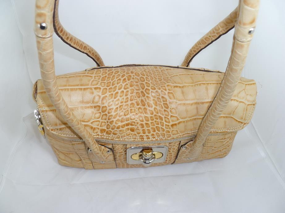 B MAKOWSKY USED CROC EMBOSSED KHAKI LEATHER FOLD OVER TOTE/SHOULDER BAG/SHOPPER