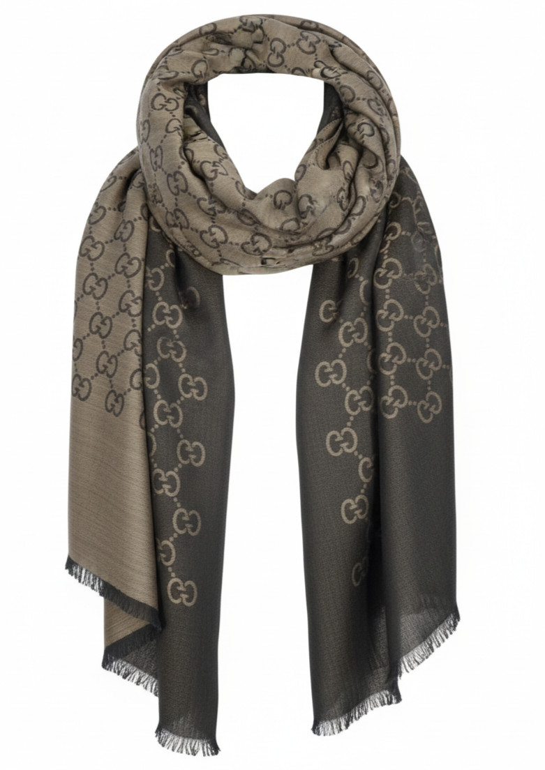 NWT Gucci GG Large Double Jacquard Wool-Silk Blend Brown Scarf Shawl ITALY 200cm