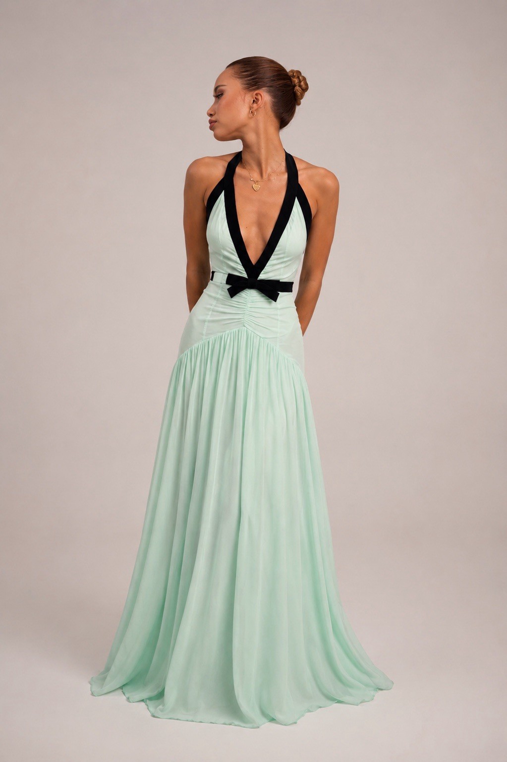 Helsa The Siren Gown XXS Mint Green Silk Chiffon Velvet Trim Bow Halter Maxi
