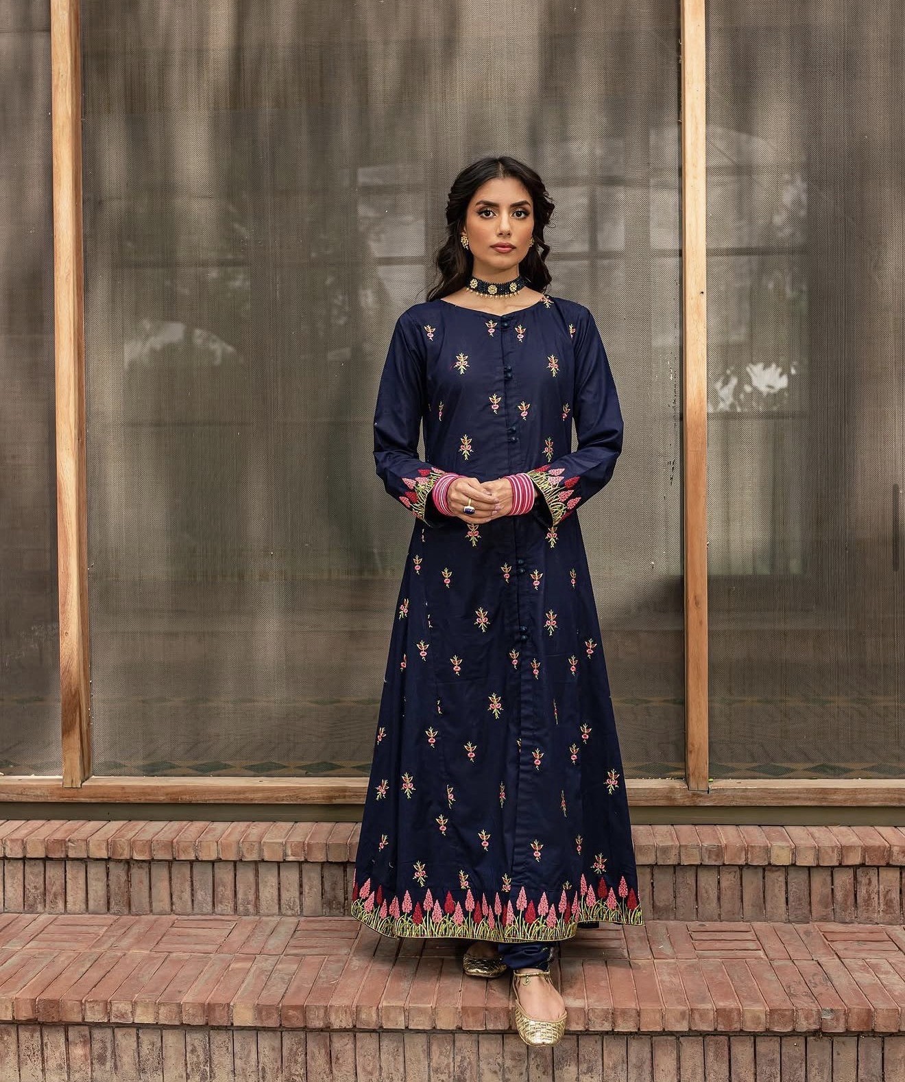 Navy Blue Cotton Lawn Embroidered Dress – Floral Pink & Green Design- XS