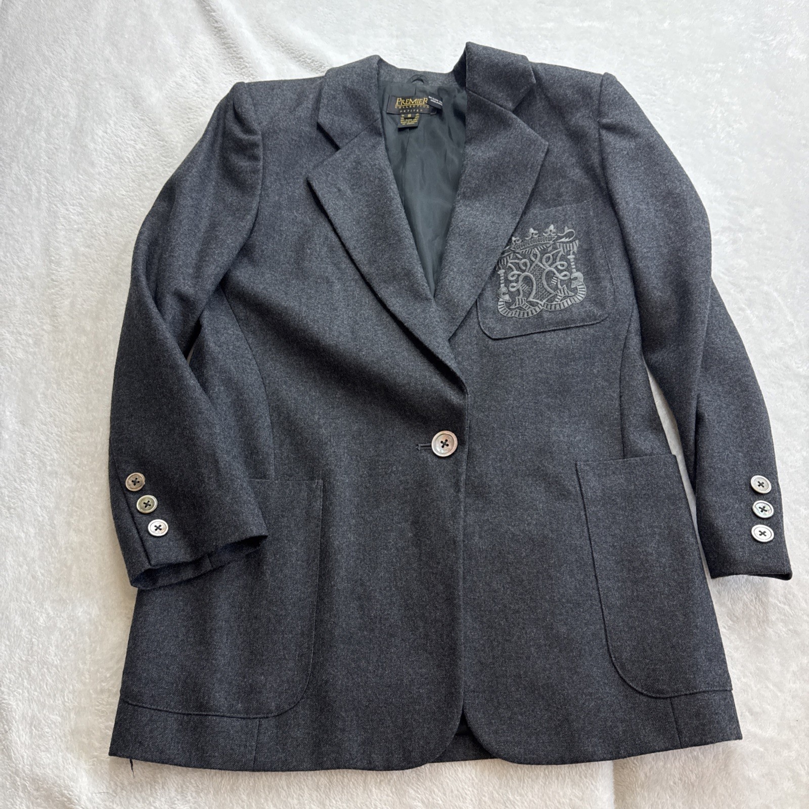 Vintage Premier Collection Petites 100% Wool Tweed Blazer Jacket S Dark Gray
