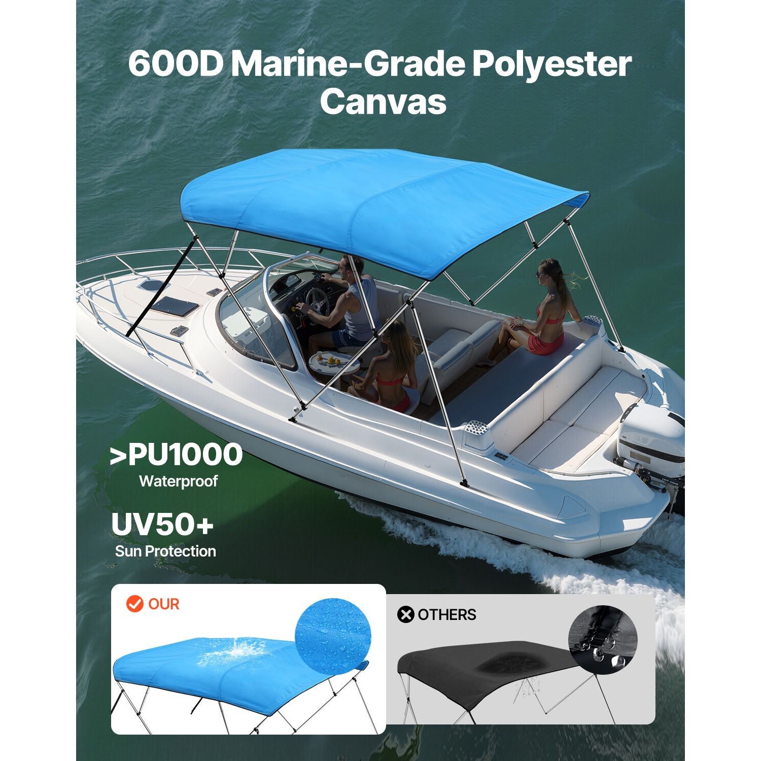 4 Bow Boat Bimini Top, 600D Polyester, Aluminum Frame, Waterproof Sun Shade