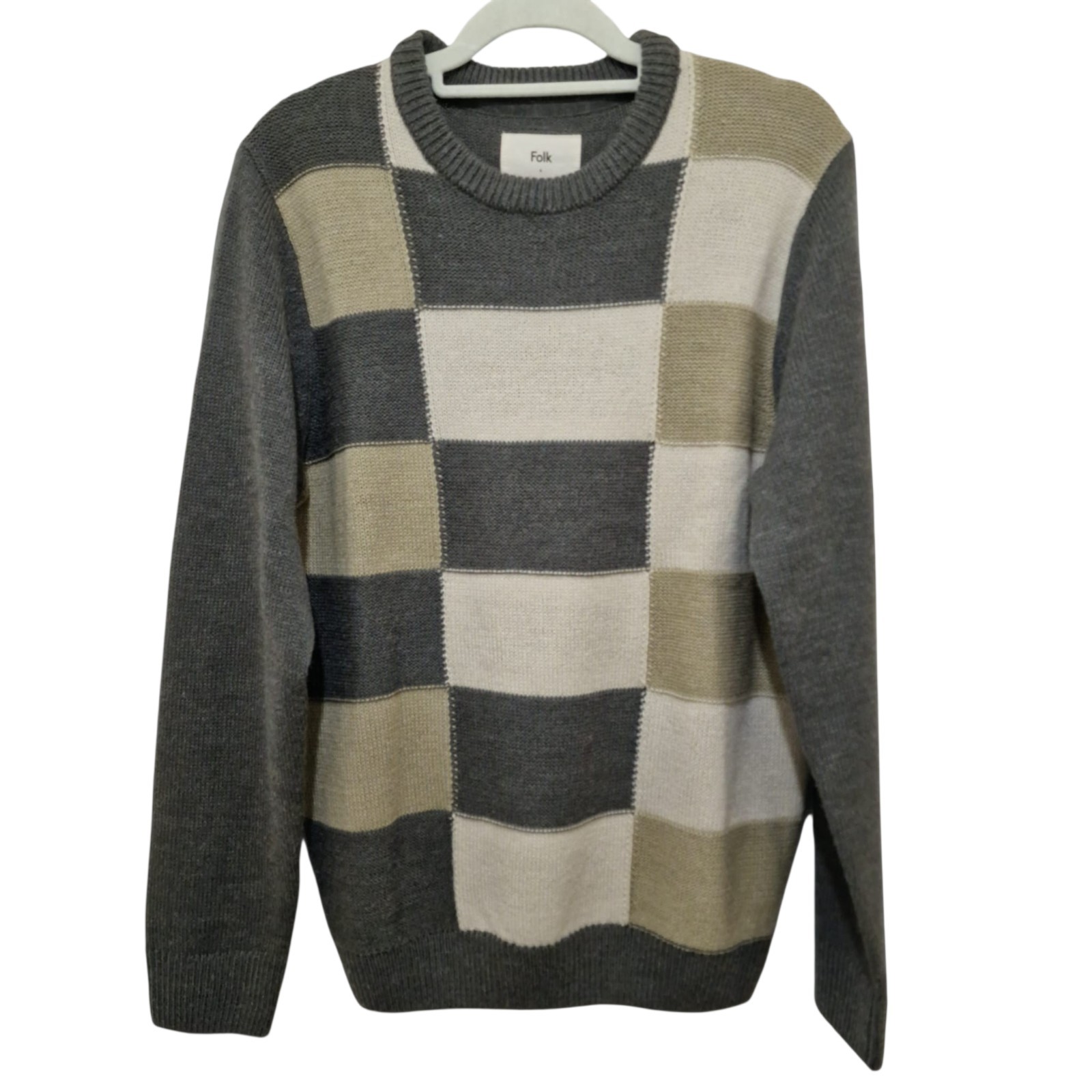 Folk Jumper Mens Large Grey Check Knit Crew Neck Pullover Acrylic Wool