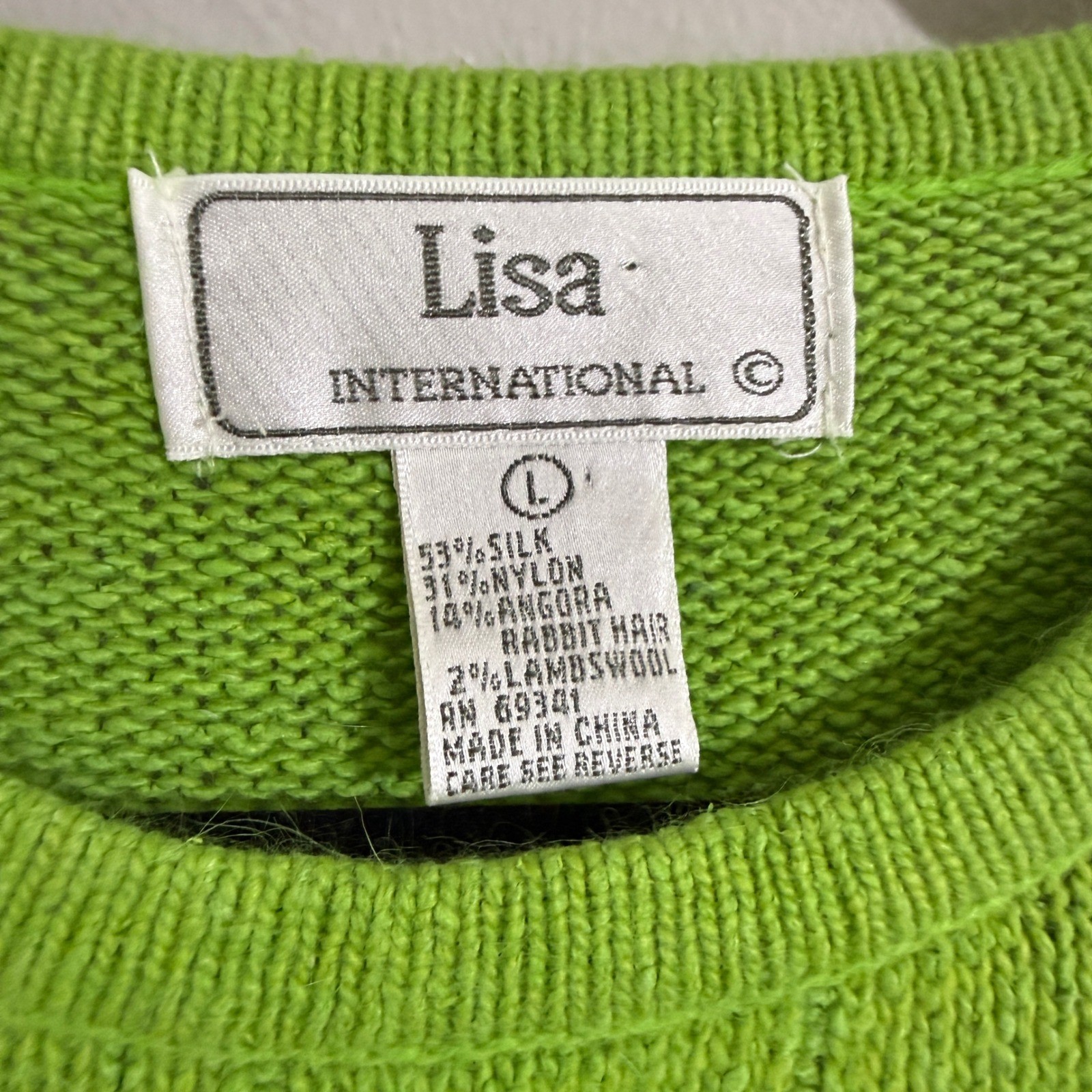 Lisa International Lime Green Silk Angora Cable Knit Sweater Women Large L