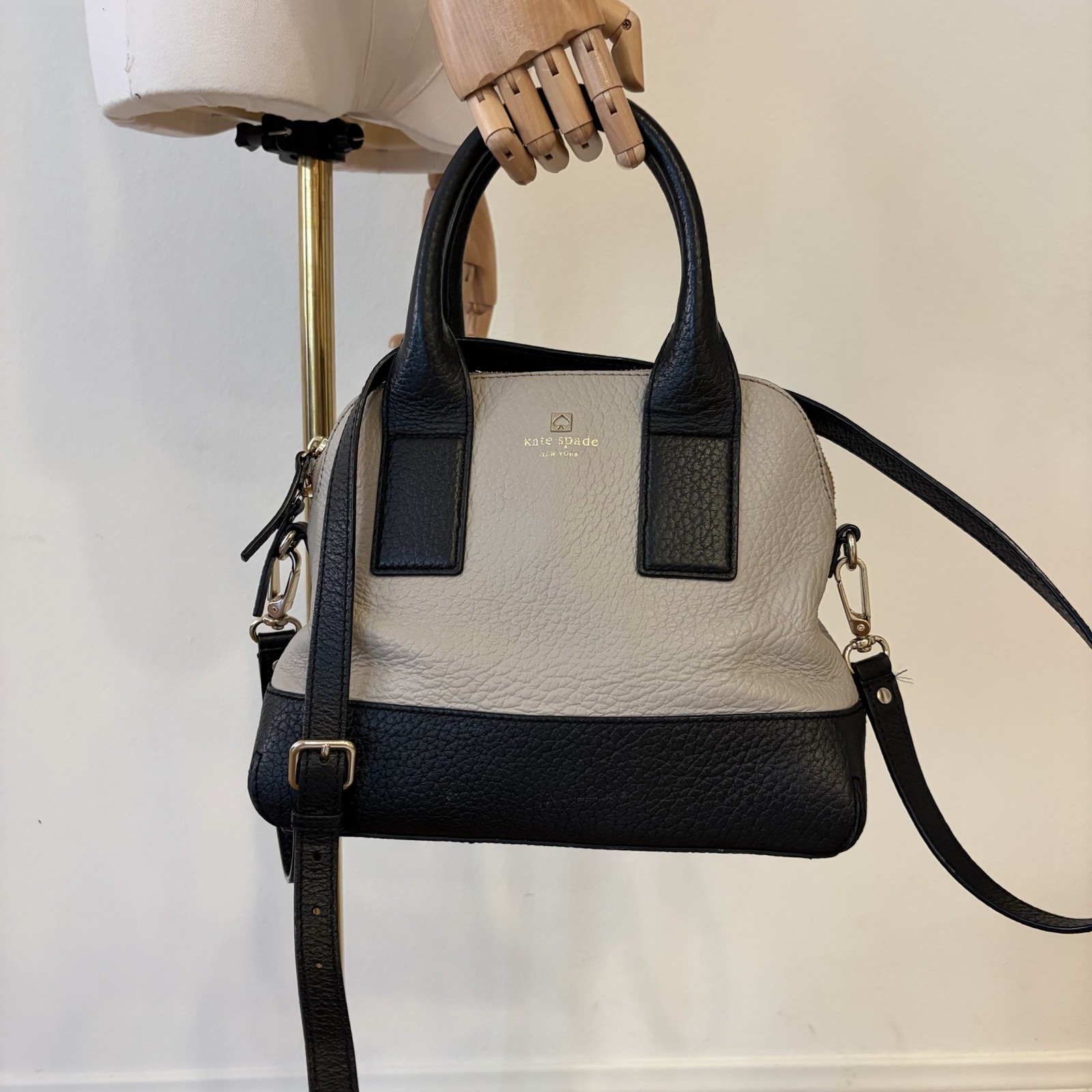 ⁠Kate Spade Leather Satchel Crossbody Bag Two Tone Black Taupe Purse Handbag