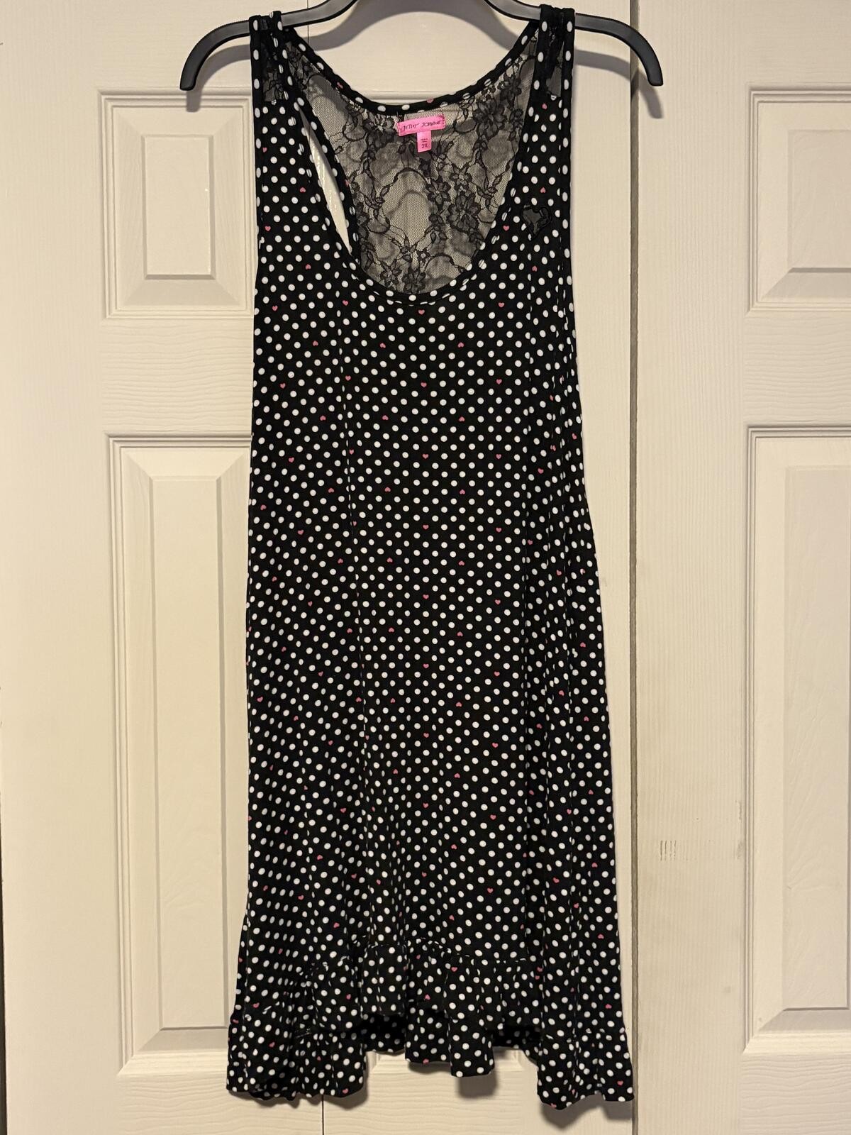 Betsey Johnson Polka Dot Lounge Dress Heart Print Lace Back Y2K Coquette Lounge